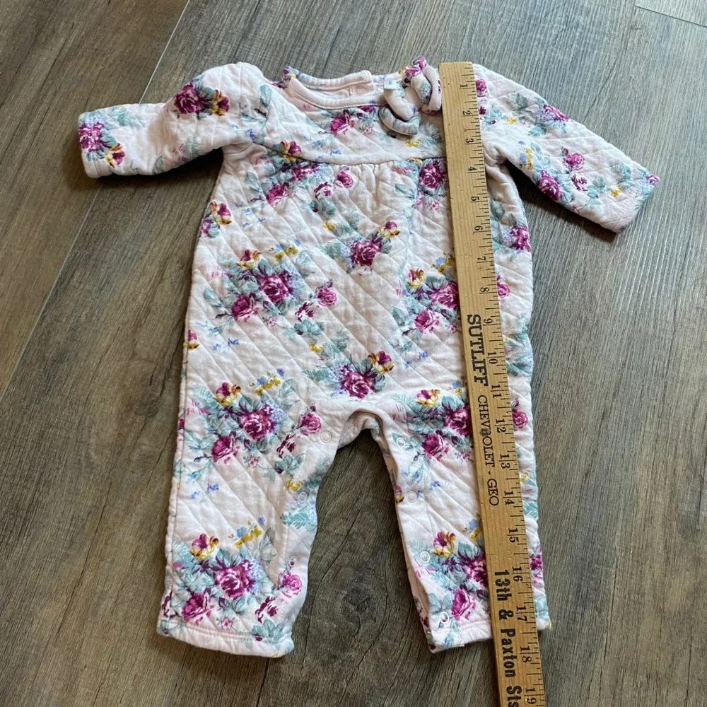 Janie and Jack Pink Floral Quilted Romper‎ One-Piece 3-6 Months Long Sleeve Bow